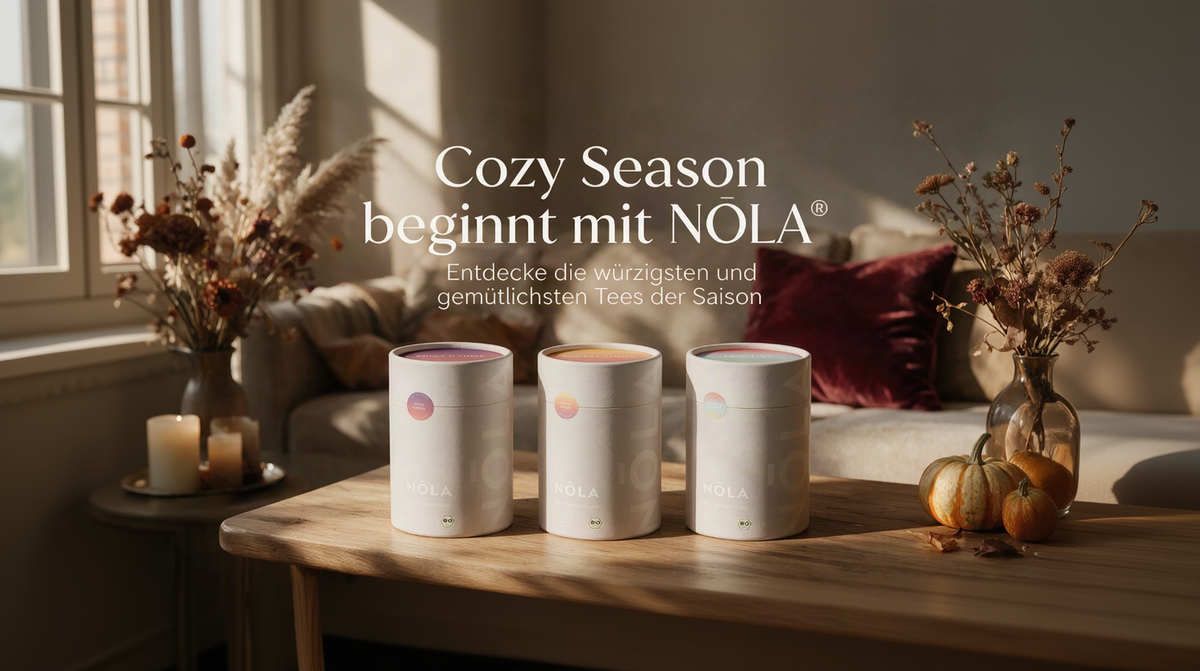 [KI] NOLA Tea Banner mit den Tee Sorten: Spicy Karma, Sunset Mood und Tempting Paradise