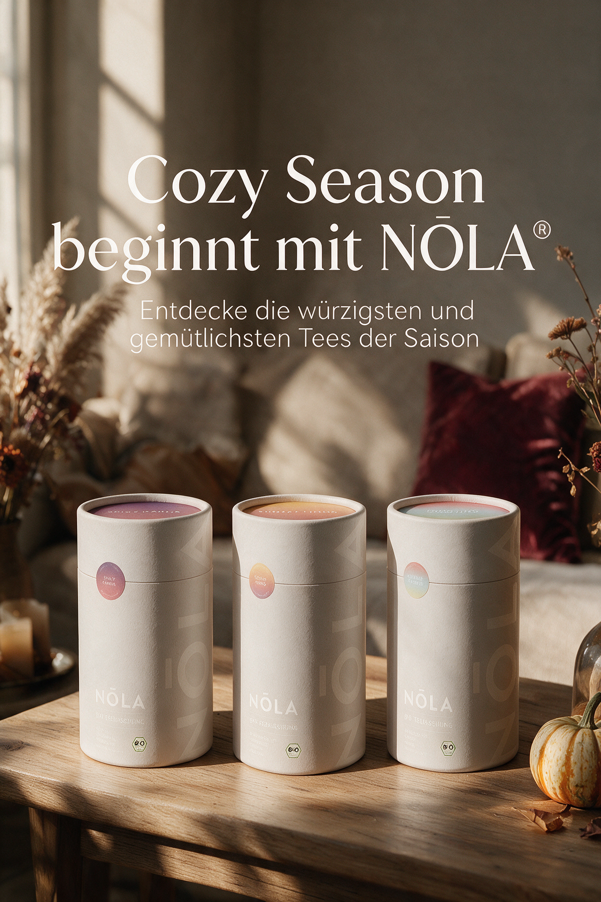 [KI] NOLA Tea Banner mit den Tee Sorten: Spicy Karma, Sunset Mood und Tempting Paradise
